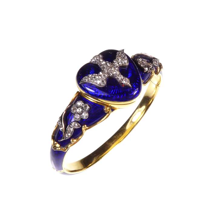 Gold, diamond and royal blue enamel hinged bangle, with heart locket and diamond dove